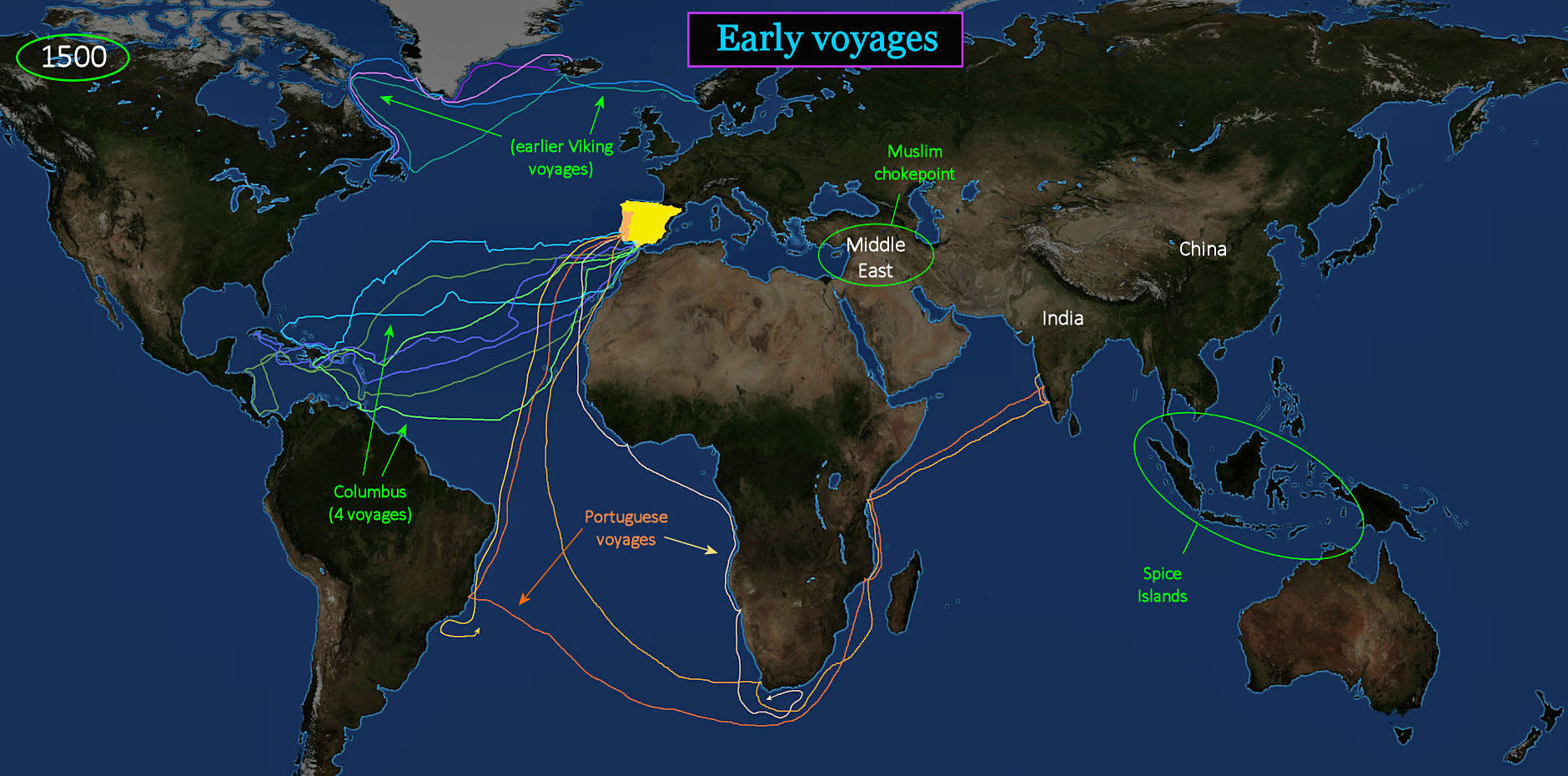 Oceanic voyages, 1500s map